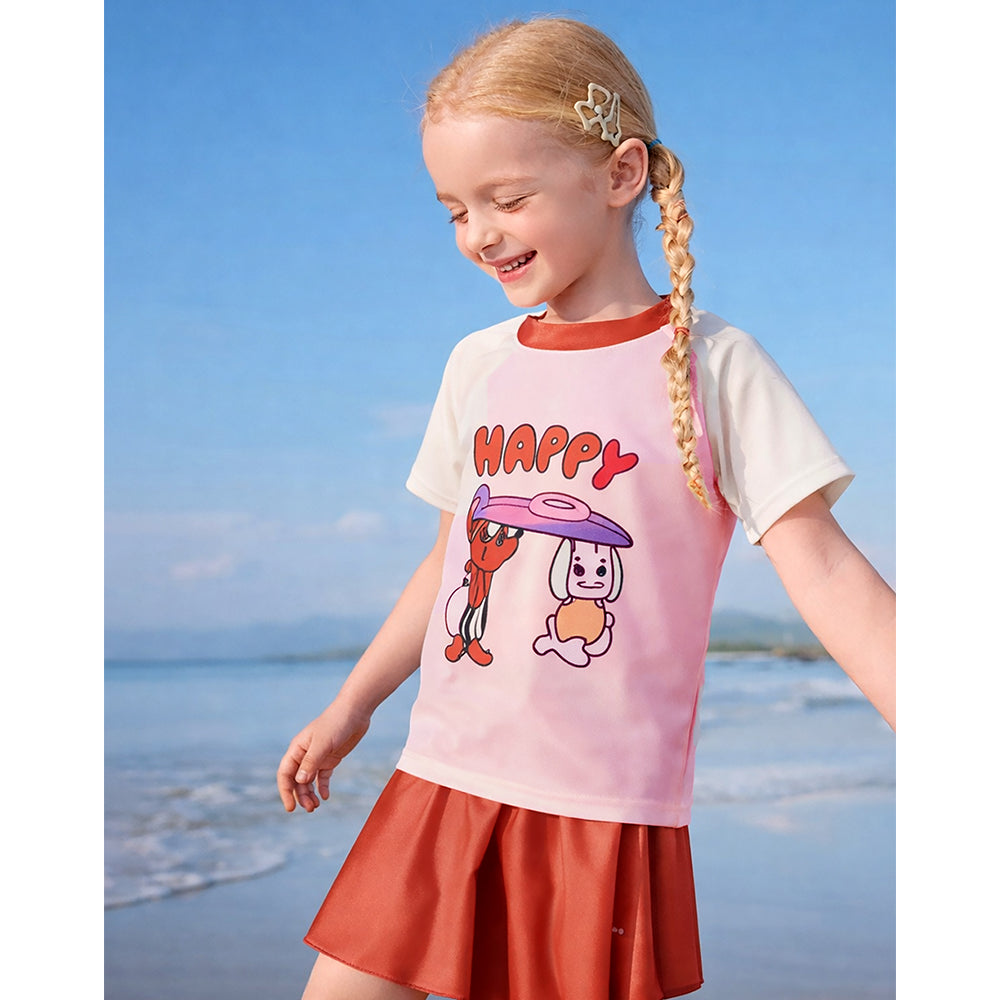 2 Pcs Top & Skort Set Red & Pink "Happy Surf Club" Cartoon Print UPF 50+ Swimwear with Matching Swim Cap for Girls With
