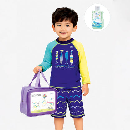 2 Pcs 4 Fishes Blue & Yellow T-shirt & Shorts Set, Toddlers & Kids Swimwear with Free Wash Bag & Free Swim Detergent -