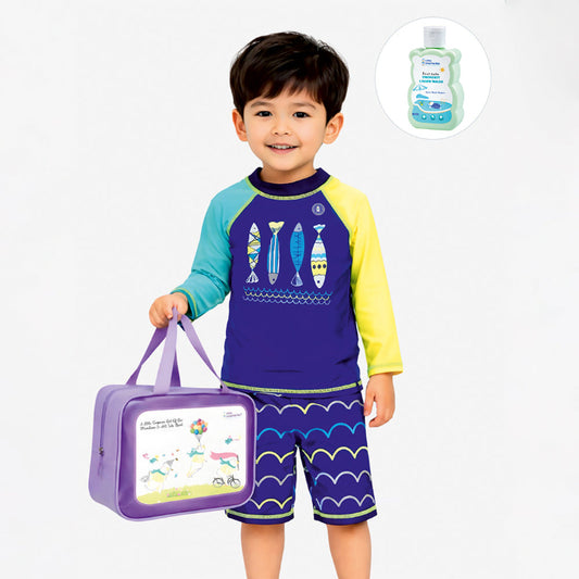 2 Pcs 4 Fishes Blue & Yellow T-shirt & Shorts Set, Toddlers & Kids Swimwear with Free Wash Bag & Free Swim Detergent -