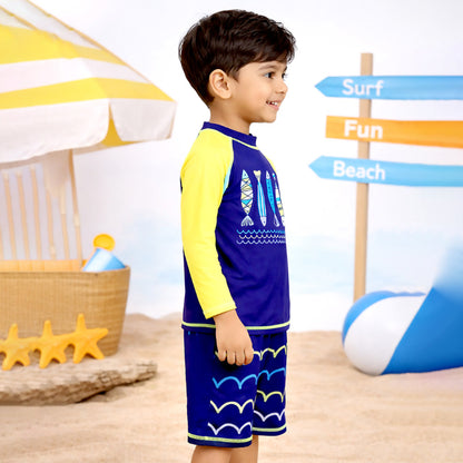 2 Pcs 4 Fishes Blue & Yellow T-shirt & Shorts Set, Toddlers & Kids Swimwear with Free Wash Bag & Free Swim Detergent -