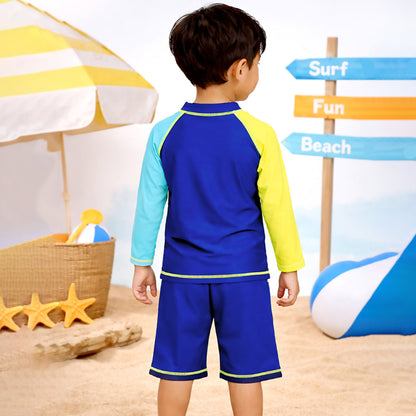 2 Pcs 4 Fishes Blue & Yellow T-shirt & Shorts Set, Toddlers & Kids Swimwear with Free Wash Bag & Free Swim Detergent -