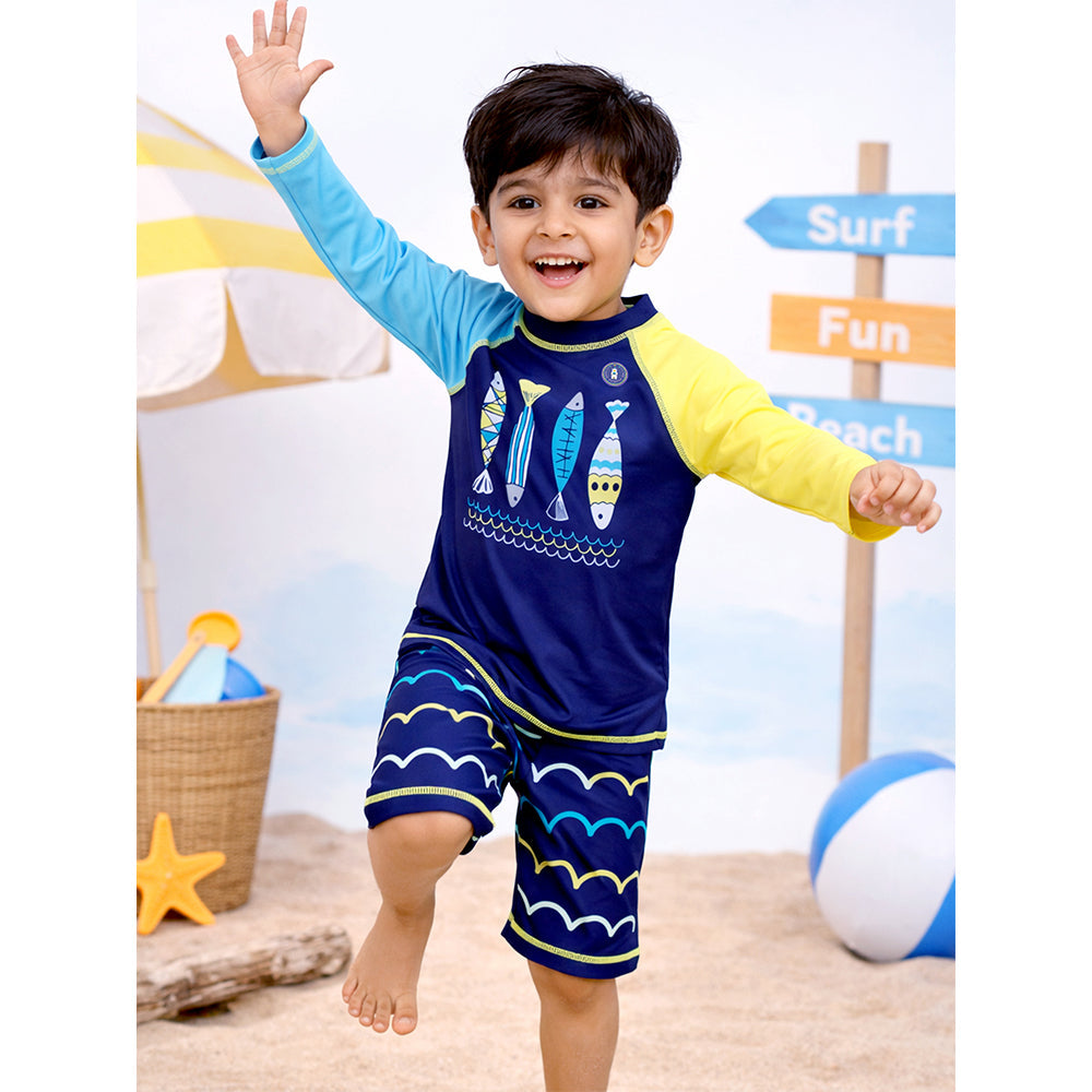 2 Pcs 4 Fishes Blue & Yellow T-shirt & Shorts Set, Toddlers & Kids Swimwear with Free Wash Bag & Free Swim Detergent -