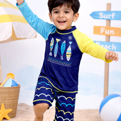 2 Pcs 4 Fishes Blue & Yellow T-shirt & Shorts Set, Toddlers & Kids Swimwear with Free Wash Bag & Free Swim Detergent -