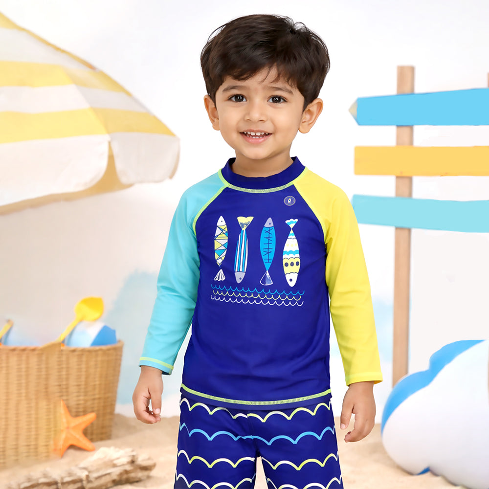 2 Pcs 4 Fishes Blue & Yellow T-shirt & Shorts Set, Toddlers & Kids Swimwear with Free Wash Bag & Free Swim Detergent -
