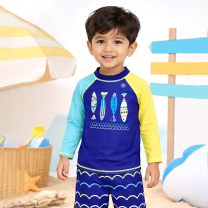 2 Pcs 4 Fishes Blue & Yellow T-shirt & Shorts Set, Toddlers & Kids Swimwear with Free Wash Bag & Free Swim Detergent -