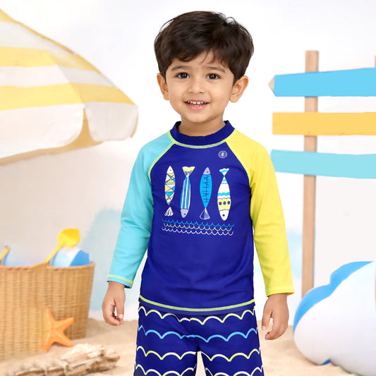 2 Pcs 4 Fishes Blue & Yellow T-shirt & Shorts Set, Toddlers & Kids Swimwear with Free Wash Bag & Free Swim Detergent -