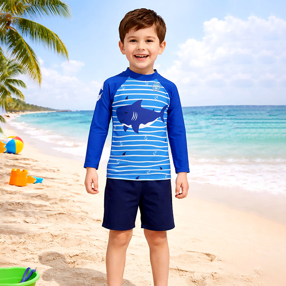 2 Pcs Anchor Fish, T-shirt & Shorts Set, Toddlers & Kids Swimwear with Free Wash Bag & Free Swim Detergent - Little