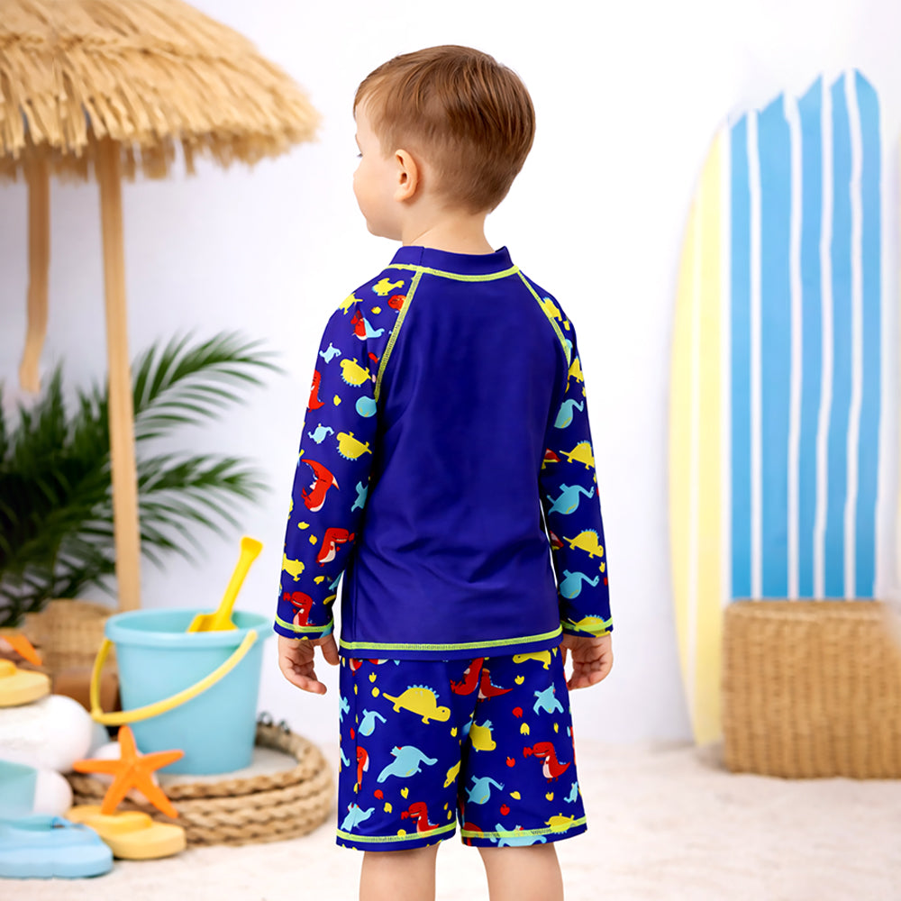 2 Pcs Blue Red Dino, T-shirt & Shorts Set, Toddlers & Kids Swimwear with Free Wash Bag & Free Swim Detergent - Little