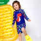 2 Pcs Blue Red Dino, T-shirt & Shorts Set, Toddlers & Kids Swimwear with Free Wash Bag & Free Swim Detergent - Little