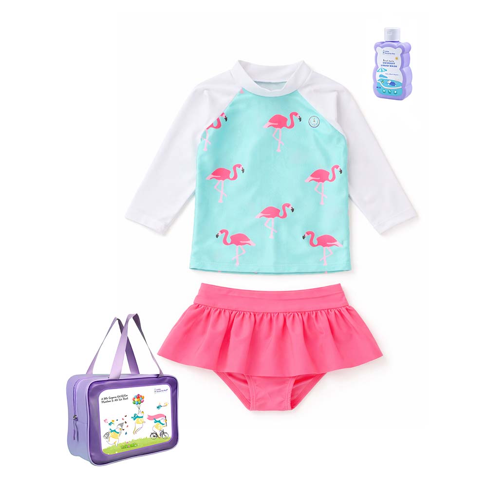 2 Pcs Pink Flamingo Top & Skort Set, Toddlers & Kids Swimwear with Free Wash Bag & Free Swim Detergent - Little Surprise Box