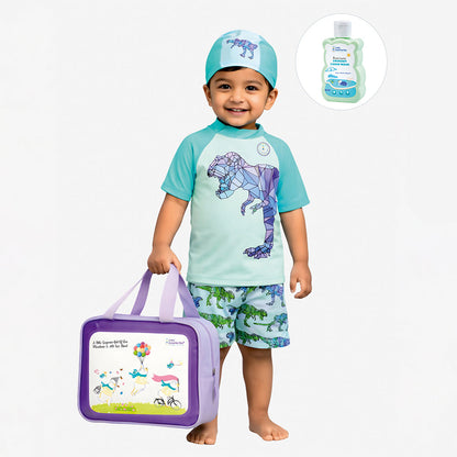 2 Pcs Geomteric Dino, T-shirt & Shorts Set, Toddlers & Kids Swimwear with matching Swim Cap, plus Free Wash Bag & Free Swim