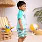 2 Pcs Geomteric Dino, T-shirt & Shorts Set, Toddlers & Kids Swimwear with matching Swim Cap, plus Free Wash Bag & Free Swim