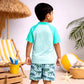 2 Pcs Geomteric Dino, T-shirt & Shorts Set, Toddlers & Kids Swimwear with matching Swim Cap, plus Free Wash Bag & Free Swim