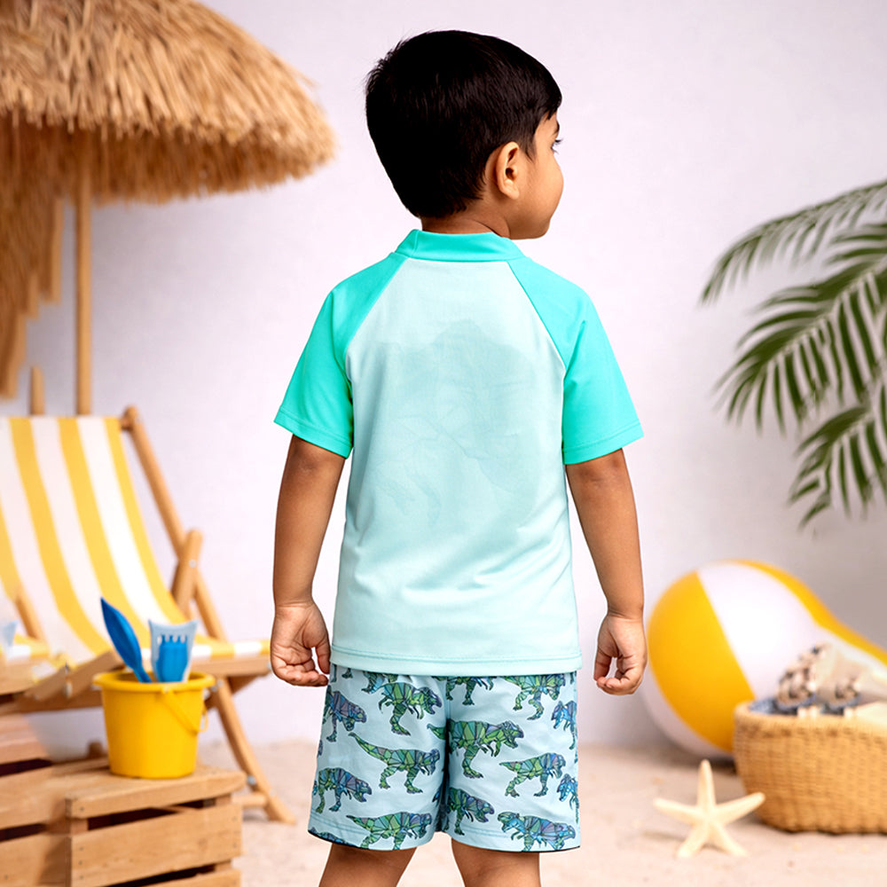2 Pcs Geomteric Dino, T-shirt & Shorts Set, Toddlers & Kids Swimwear with matching Swim Cap, plus Free Wash Bag & Free Swim