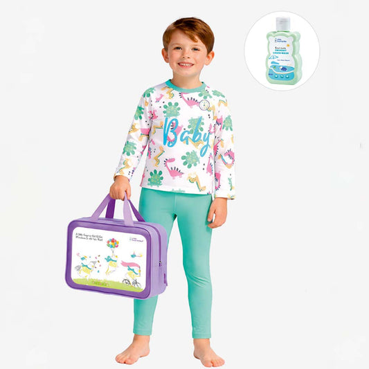 2 Pcs Mint Green Dino Top & Leggings Set, Kids Swimwear with Free Wash Bag & Free Swim Detergent - Little Surprise Box