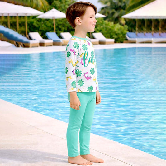 2 Pcs Mint Green Dino Top & Leggings Set, Kids Swimwear with Free Wash Bag & Free Swim Detergent - Little Surprise Box