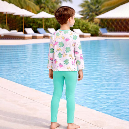 2 Pcs Mint Green Dino Top & Leggings Set, Kids Swimwear with Free Wash Bag & Free Swim Detergent - Little Surprise Box
