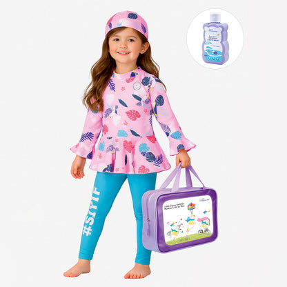 2 Pcs Pink Leaves Top & Leggings Set, Kids Swimwear with matching Swim Cap, plus Free Wash Bag & Free Swim Detergent -
