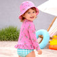 2 Pcs Pink Peplum Top & Checkered Bottom, Toddlers & Kids Swimwear with matching Swim Cap, plus Free Wash Bag & Free Swim