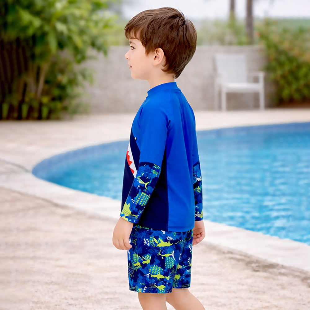 2 Pcs Polka Shark Print T-shirt & Shorts Set, Kids Swimwear with matching Swim Cap, plus Free Wash Bag & Free Swim