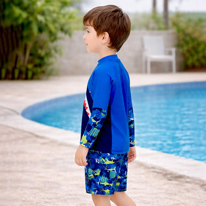 2 Pcs Polka Shark Print T-shirt & Shorts Set, Kids Swimwear with matching Swim Cap, plus Free Wash Bag & Free Swim