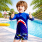 2 Pcs Polka Shark Print T-shirt & Shorts Set, Kids Swimwear with matching Swim Cap, plus Free Wash Bag & Free Swim