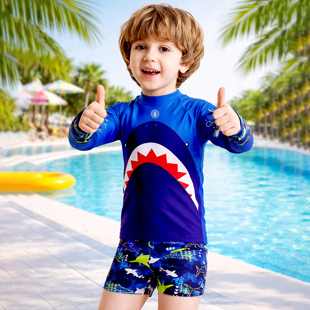 2 Pcs Polka Shark Print T-shirt & Shorts Set, Kids Swimwear with matching Swim Cap, plus Free Wash Bag & Free Swim
