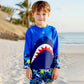 2 Pcs Polka Shark Print T-shirt & Shorts Set, Kids Swimwear with matching Swim Cap, plus Free Wash Bag & Free Swim