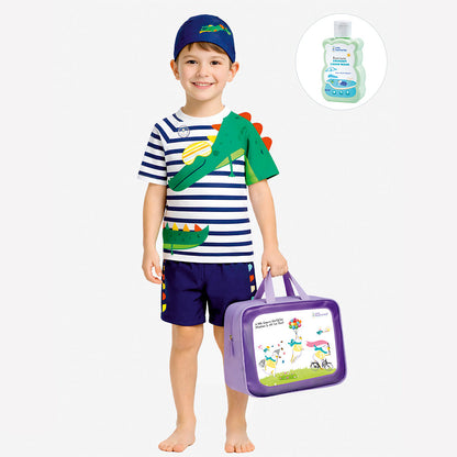 2 Pcs 3D Crocodile T-shirt & Shorts Set, Kids Swimwear with matching Swim Cap, plus Free Wash Bag & Free Swim Detergent -