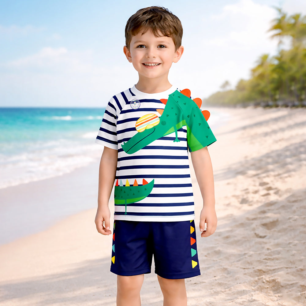 2 Pcs 3D Crocodile T-shirt & Shorts Set, Kids Swimwear with matching Swim Cap, plus Free Wash Bag & Free Swim Detergent -