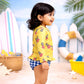2 Pcs Yellow Peplum Top & Checkerd Bottom, Toddlers & Kids Swimwear with matching Swim Cap, plus Free Wash Bag & Free Swim