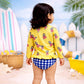 2 Pcs Yellow Peplum Top & Checkerd Bottom, Toddlers & Kids Swimwear with matching Swim Cap, plus Free Wash Bag & Free Swim