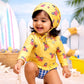 2 Pcs Yellow Peplum Top & Checkerd Bottom, Toddlers & Kids Swimwear with matching Swim Cap, plus Free Wash Bag & Free Swim