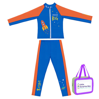 2 pcs Shirt & Pants set LSB Blue & Orange Space Swimwear Full length for Kids with UPF 30+ with matching Swim Cap&Free