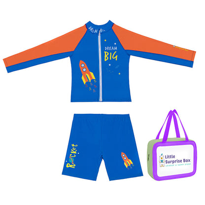 2 pcs Shirt & Shorts set LSB Blue & Orange Space Swimwear Knee length for Kids with UPF 30+ with matching Swim Cap&Free