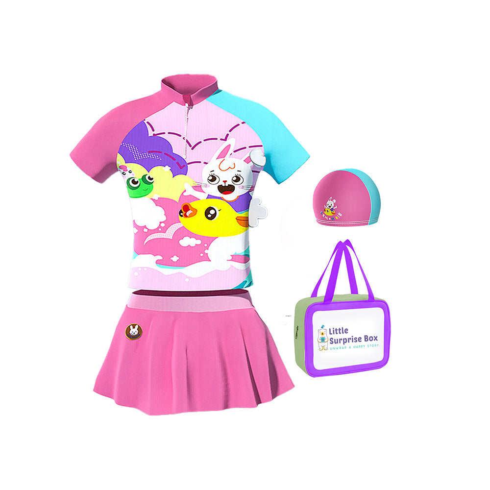 2 pcs Shirt & Skirt set, Mint & Pink Multi Swimwear UPF 50+ with matching Swim Cap & Free Washbag - Little Surprise Box