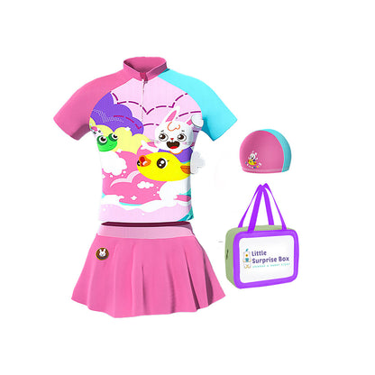 2 pcs Shirt & Skirt set, Mint & Pink Multi Swimwear UPF 50+ with matching Swim Cap & Free Washbag - Little Surprise Box