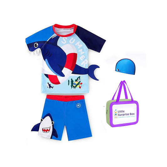 2 pcs Shirt & Shorts set Red & Blue 3d Whale Kids Swimwear UPF 50+ with matching Swim Cap & Free Washbag - Little Surprise