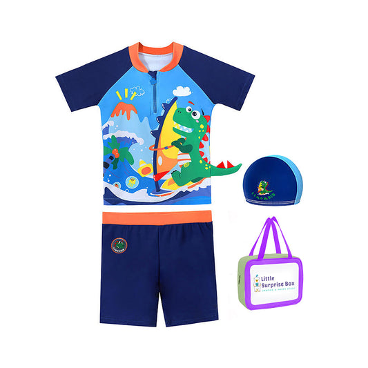 2 pcs Shirt & Shorts set Blue 3d Dino Surfer Kids Swimwear with matching Swim Cap & Free Washbag - Little Surprise Box