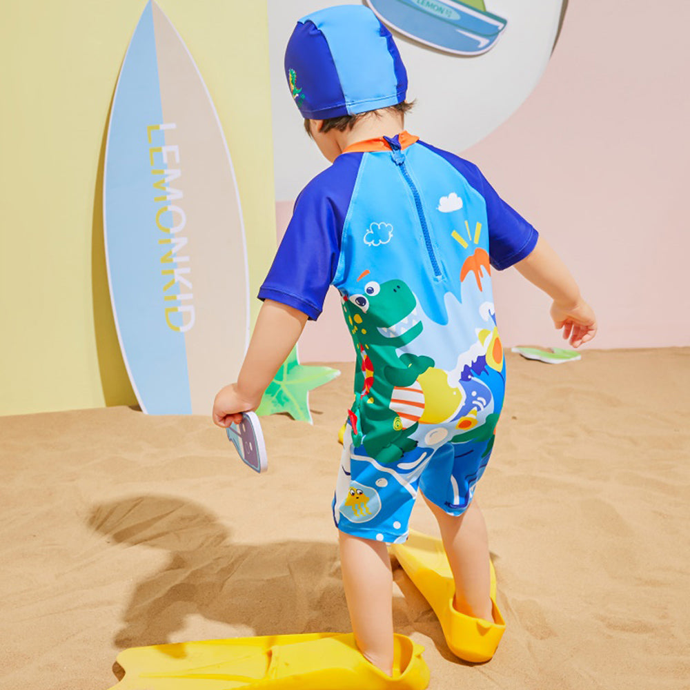 3d Tail Blue Surfing Dino Kids Swimwear with matching Swim Cap & Free Washbag - Little Surprise Box