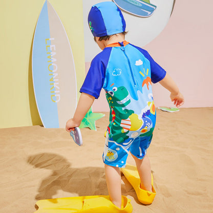 3d Tail Blue Surfing Dino Kids Swimwear with matching Swim Cap & Free Washbag - Little Surprise Box