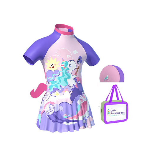 3d Tail Purple Mermaid Unicorn Frock style Kids Swimwear UPF 50+ with matching Swim Cap & Free Washbag - Little Surprise Box