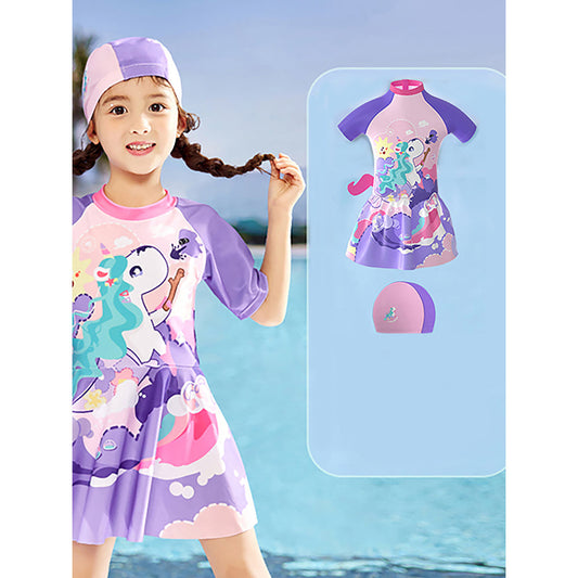 3d Tail Purple Mermaid Unicorn Frock style Kids Swimwear UPF 50+ with matching Swim Cap & Free Washbag - Little Surprise Box