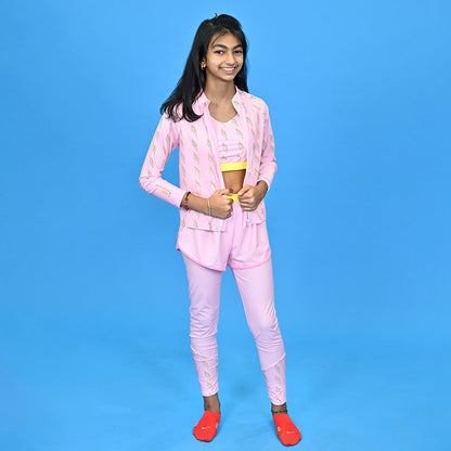 3pcs Pink Flower Power Matching Top,leggings & Jacket style Swimwear set for Pre Teens & Teens with Free Washbag - Little