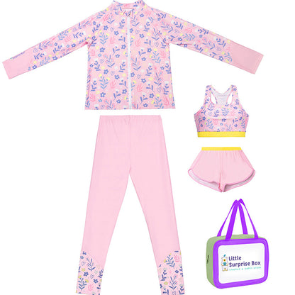 3pcs Pink Flower Power Matching Top,leggings & Jacket style Swimwear set for Pre Teens & Teens with Free Washbag - Little