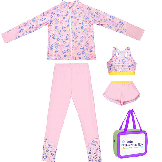3pcs Pink Flower Power Matching Top,leggings & Jacket style Swimwear set for Pre Teens & Teens with Free Washbag - Little