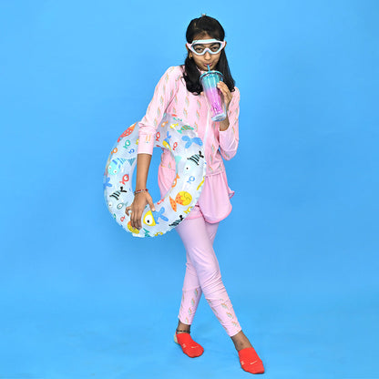 3pcs Pink Flower Power Matching Top,leggings & Jacket style Swimwear set for Pre Teens & Teens with Free Washbag - Little