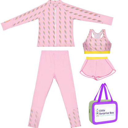 3 pcs Pink ThunderBolt Matching Top,Leggings & Jacket style Swimwear set for Pre teens & Teens with Free Washbag - Little