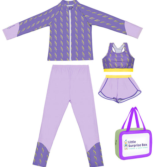 3 pcs Purple ThunderBolt Matching Top,leggings & Jacket style Swimwear set for Pre Teens & Teens with Free Washbag - Little