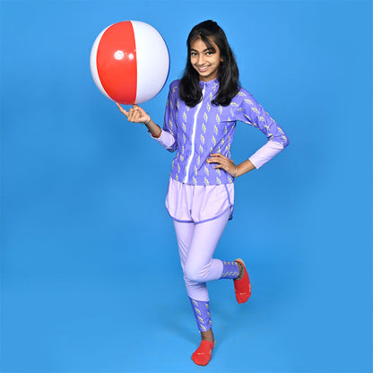 3 pcs Purple ThunderBolt Matching Top,leggings & Jacket style Swimwear set for Pre Teens & Teens with Free Washbag - Little